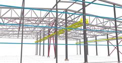 Steel structure of a two-aisle production hall with a crane track